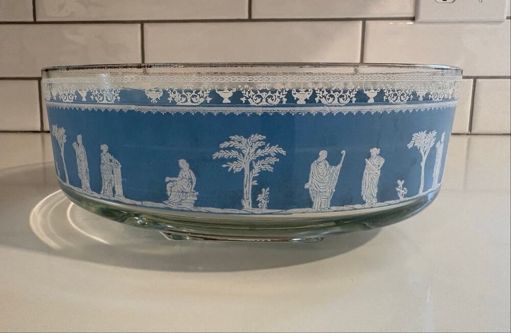 Vintage Jeanette Glass Company Blue Hellenic Gold Rimmed Salad Bowl
